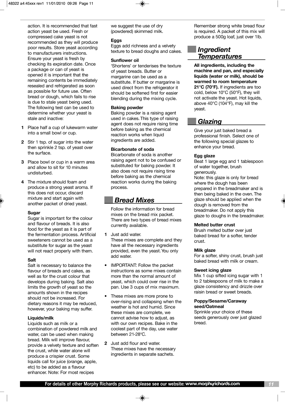 Morphy Richards BM48322 manual Bread Mixes, Ingredient Temperatures, Glazing 
