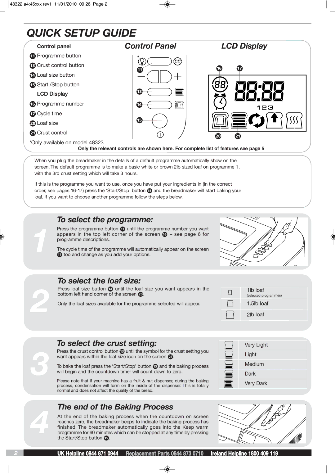 Morphy Richards BM48322 manual Control Panel LCD Display, To select the programme, To select the loaf size 