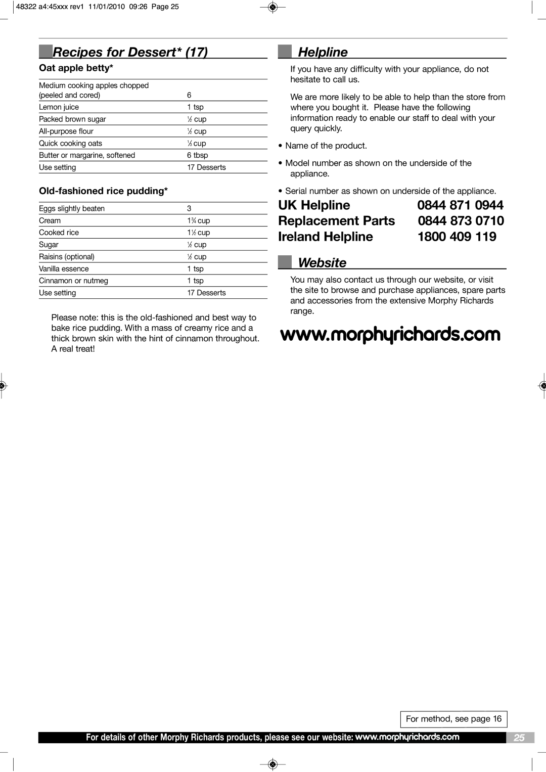 Morphy Richards BM48322 manual Recipes for Dessert, Helpline, Website, Oat apple betty, Old-fashioned rice pudding 