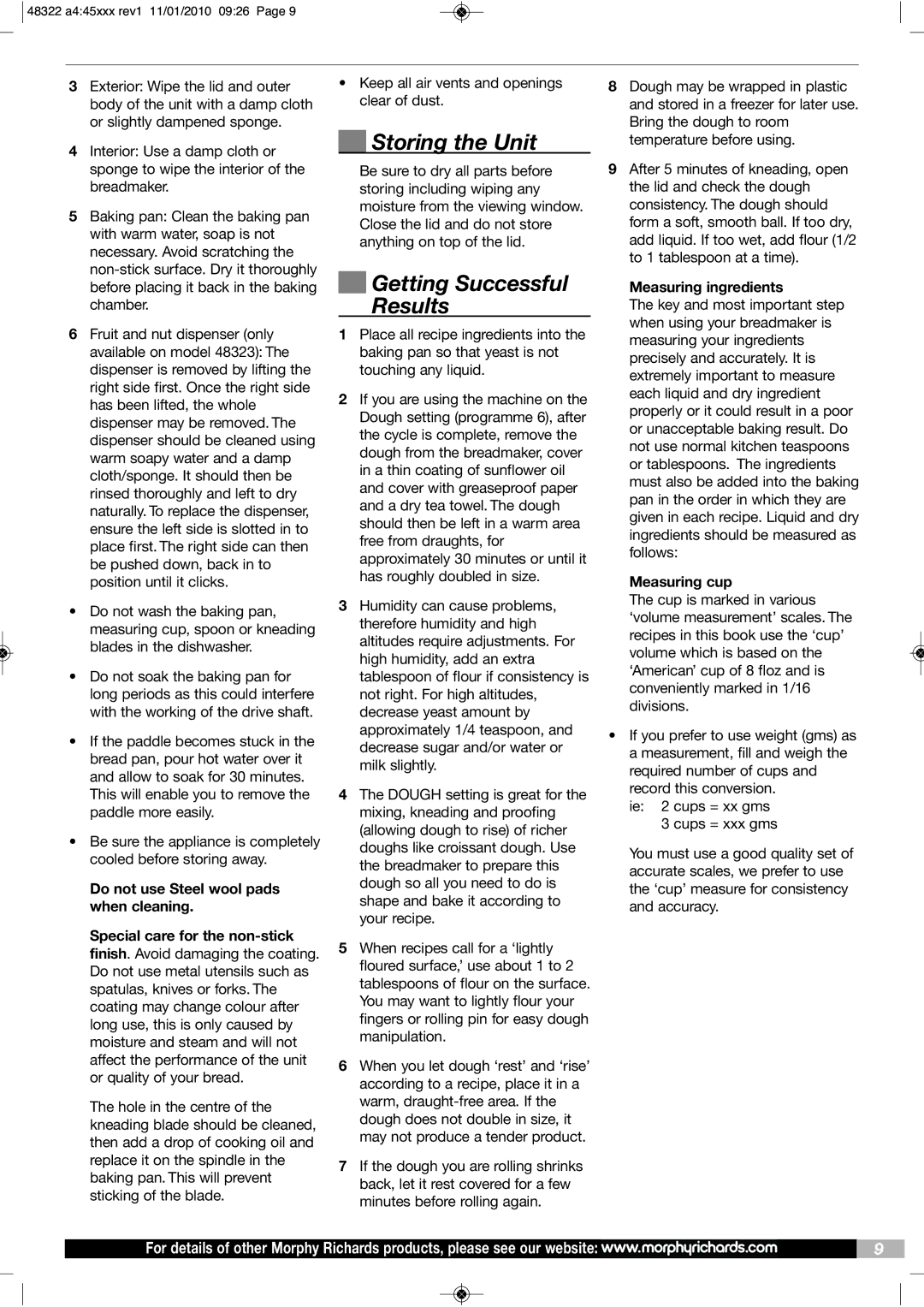 Morphy Richards BM48322 manual Storing the Unit, Getting Successful Results, Measuring ingredients, Measuring cup 