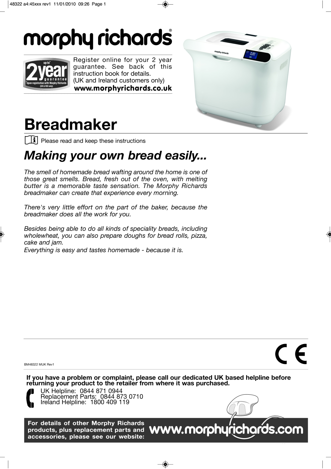 Morphy Richards BM48322 manual Breadmaker, Making your own bread easily 