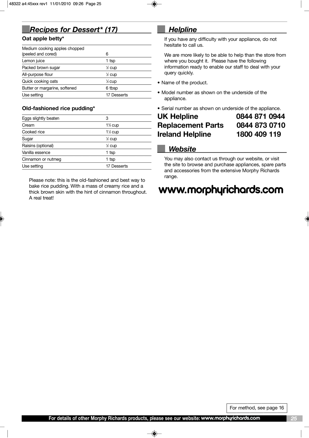 Morphy Richards BM48322 Recipes for Dessert, Website, UK Helpline, Replacement Parts, 0844, Ireland Helpline, 1800 