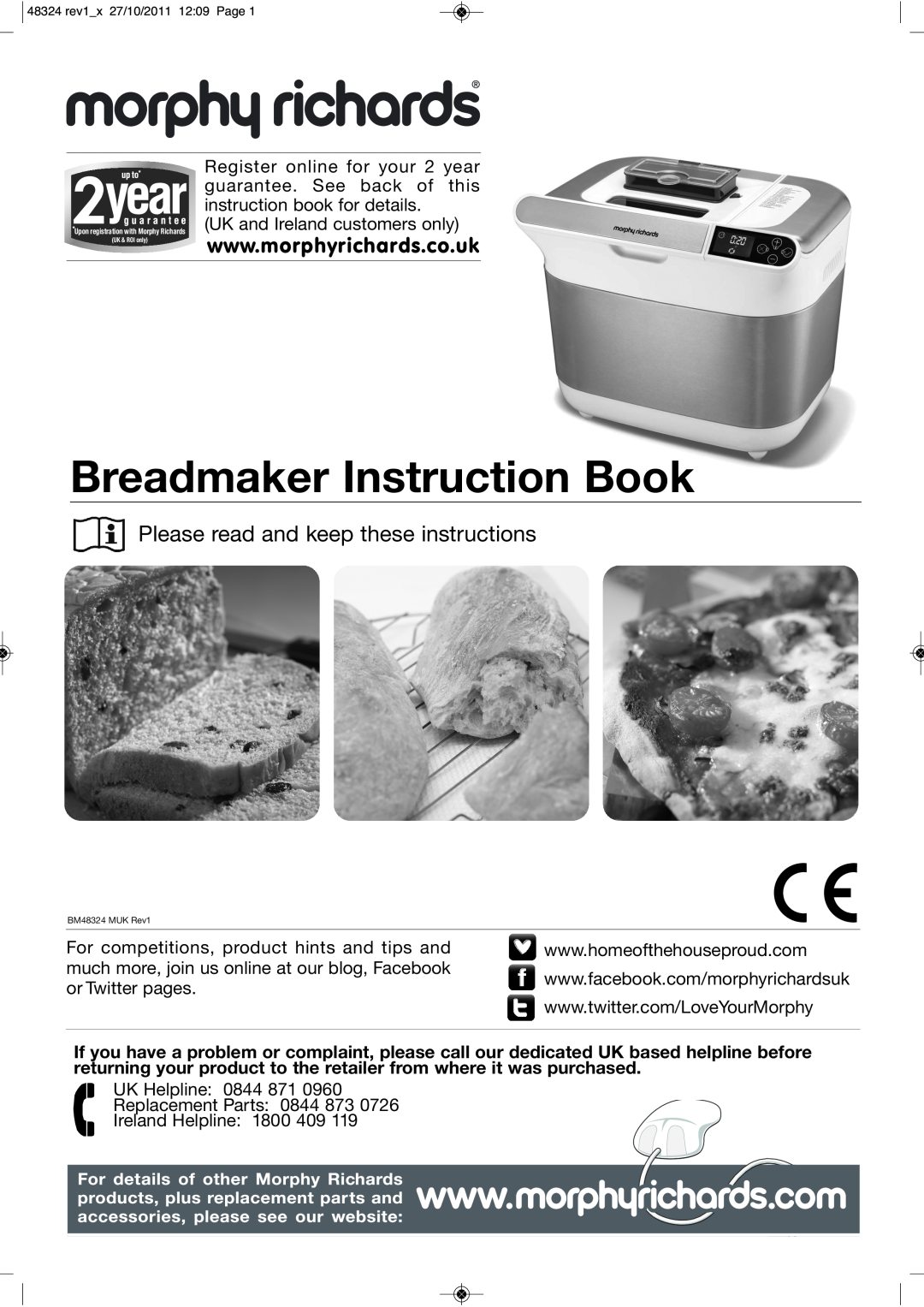 Morphy Richards BM48324 manual Breadmaker Instruction Book, Please read and keep these instructions 