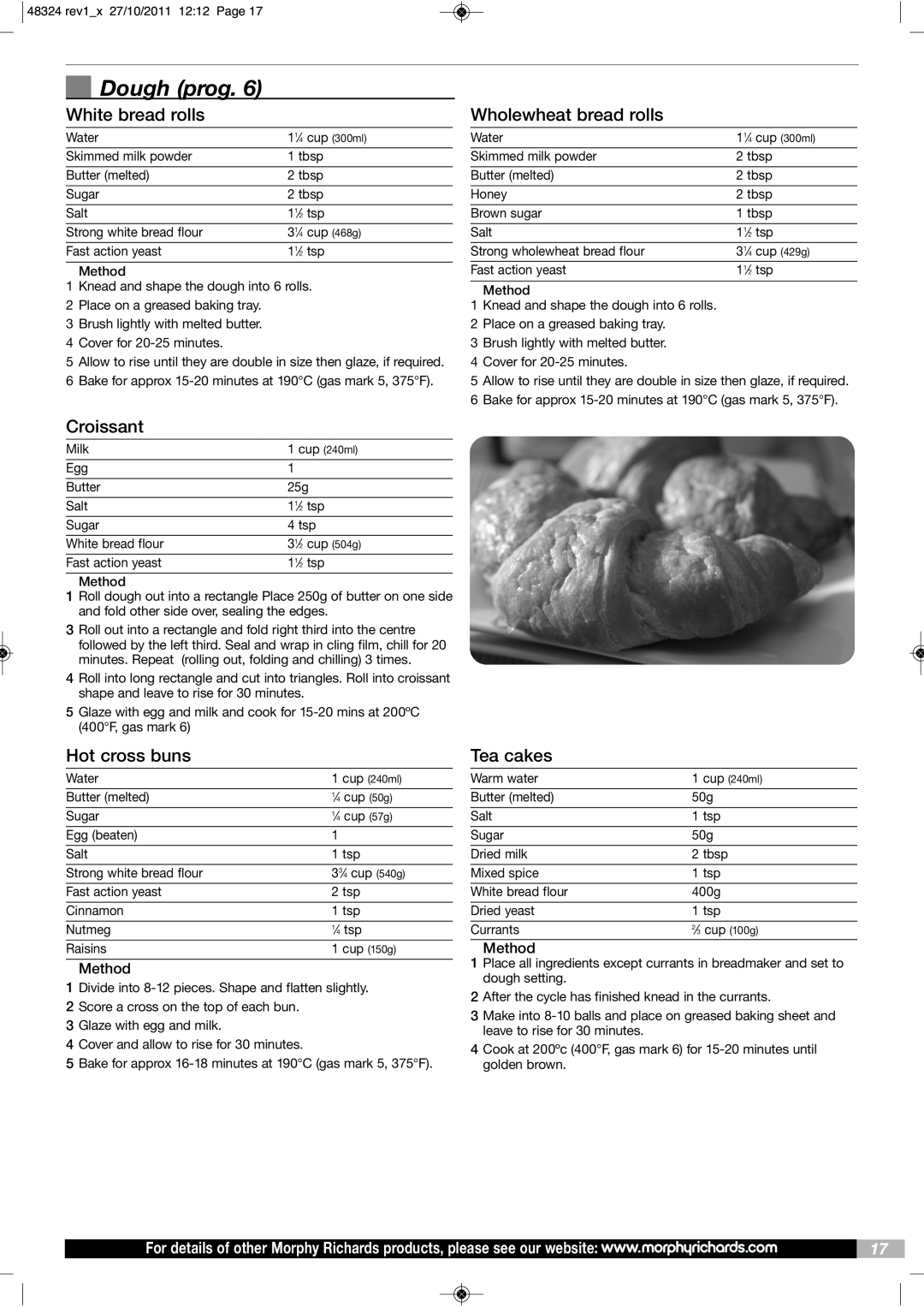 Morphy Richards BM48324 manual Dough prog, White bread rolls, Wholewheat bread rolls, Croissant, Hot cross buns, Tea cakes 