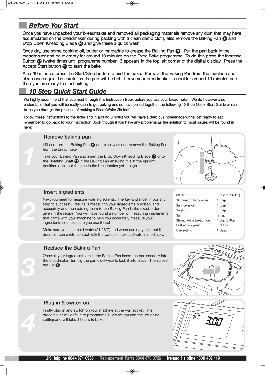 Morphy Richards BM48324 manual Before You Start, Step Quick Start Guide, Remove baking pan, Insert ingredients 