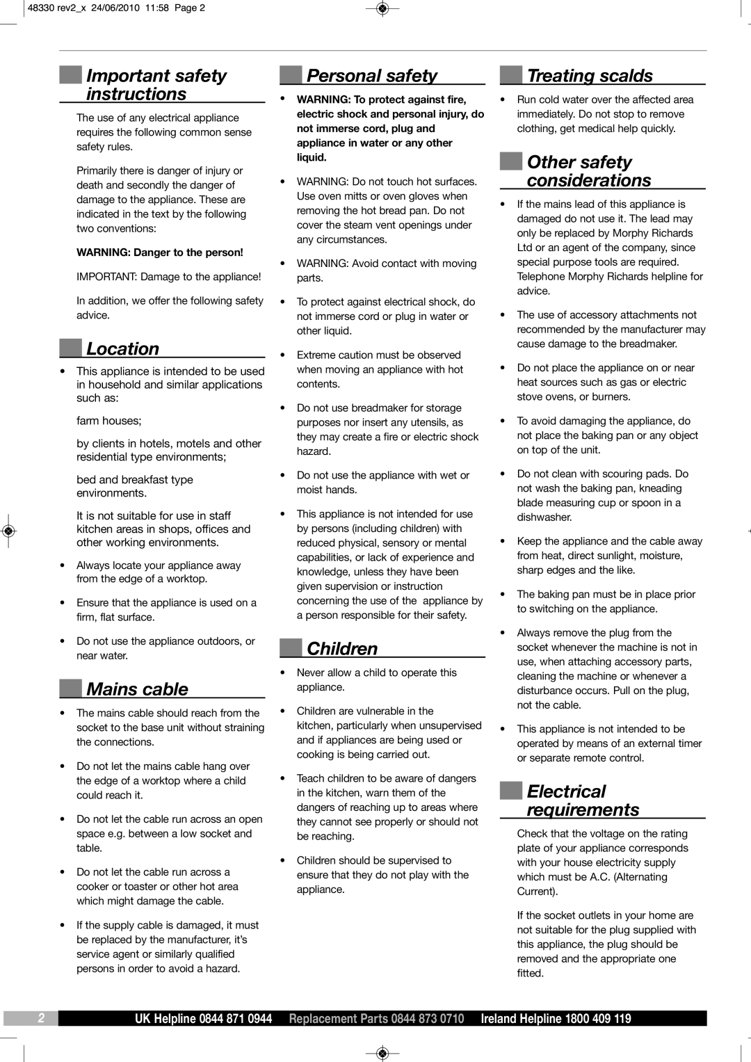 Morphy Richards BM48330 Important safety instructions, Location, Mains cable, Personal safety, Children, Treating scalds 