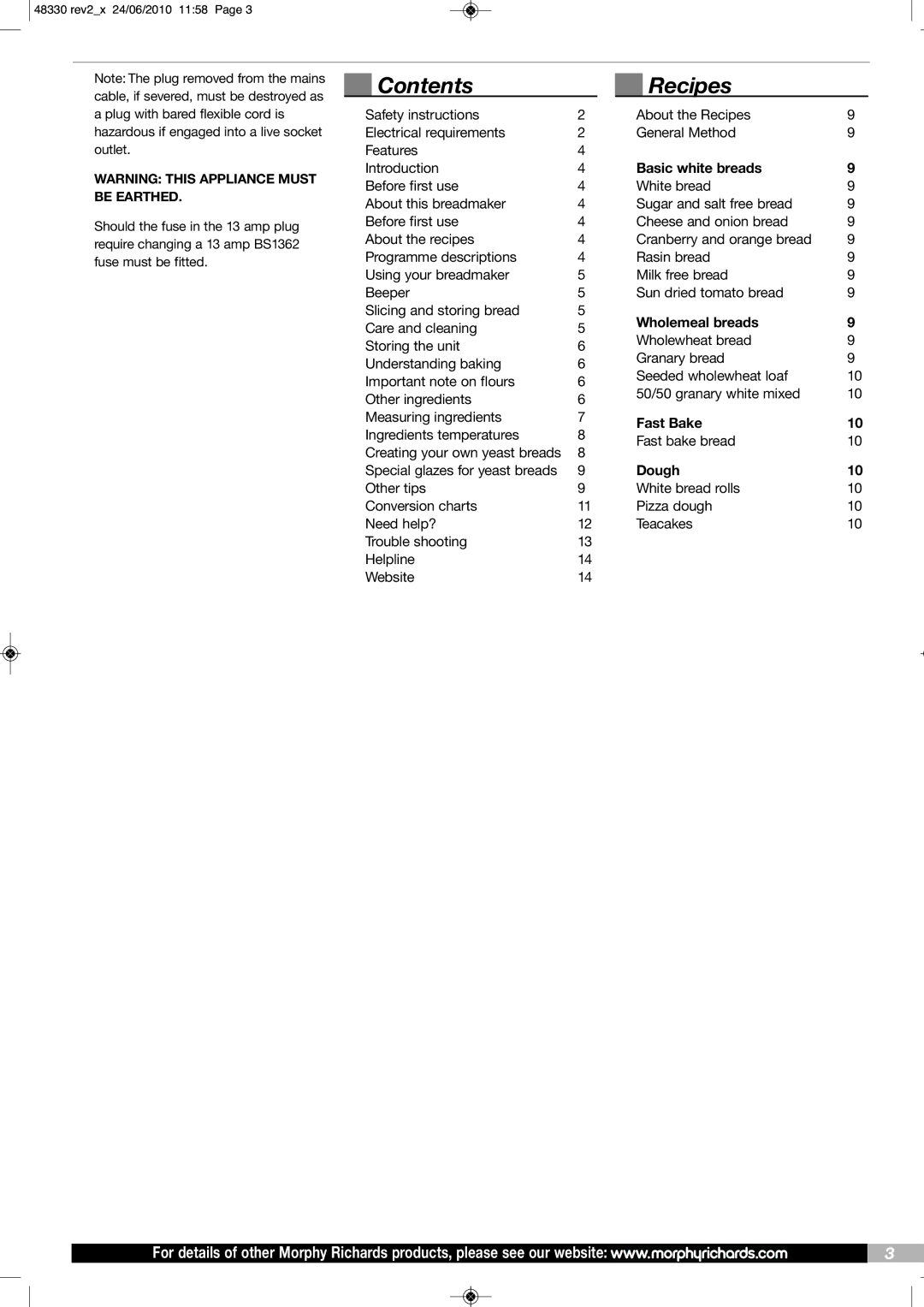 Morphy Richards BM48330 manual Contents, Recipes 