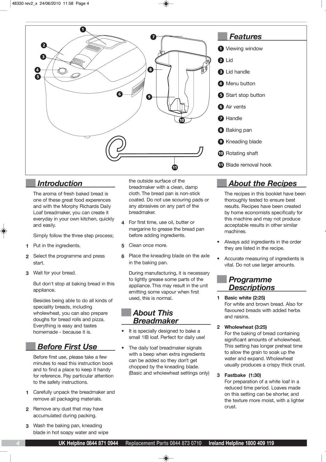 Morphy Richards BM48330 manual Features, Introduction, Before First Use, About This Breadmaker, About the Recipes 