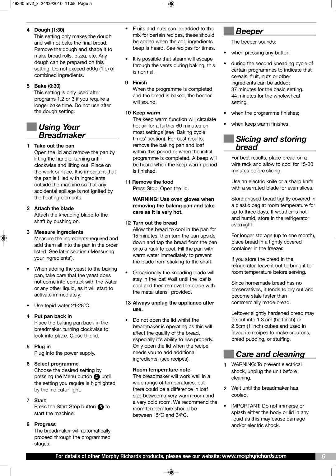 Morphy Richards BM48330 manual Using Your Breadmaker, Beeper, Slicing and storing bread, Care and cleaning 