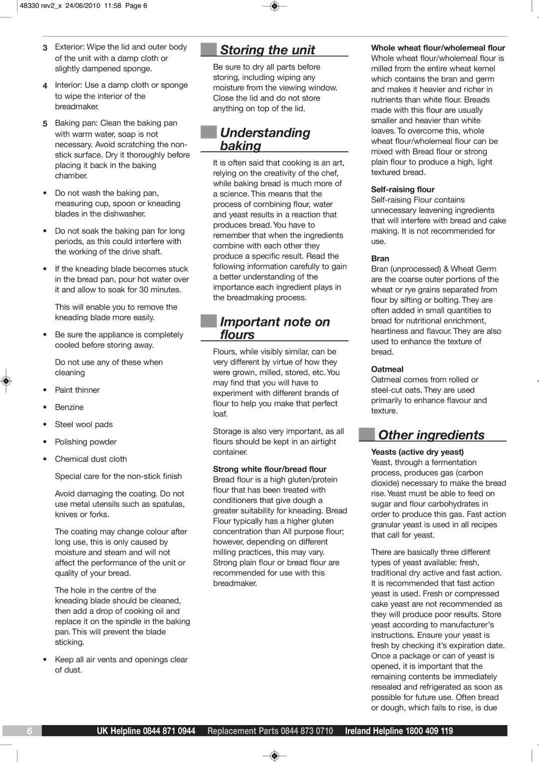 Morphy Richards BM48330 manual Storing the unit, Understanding baking, Important note on flours, Other ingredients 