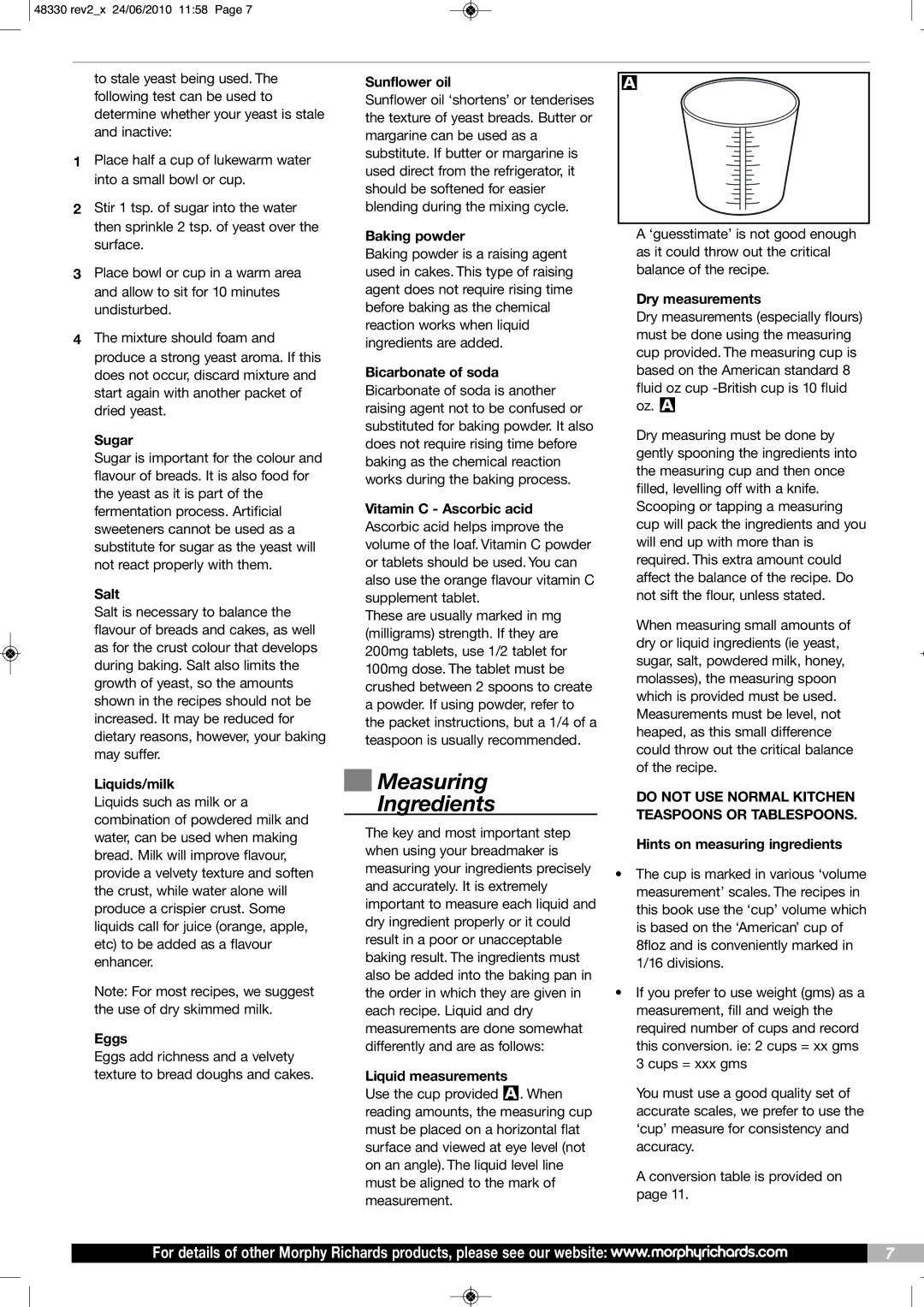 Morphy Richards BM48330 manual Measuring Ingredients 
