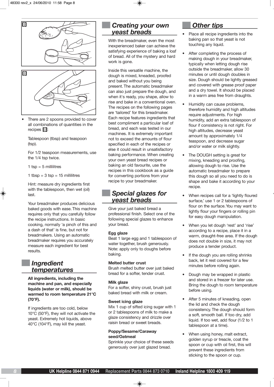 Morphy Richards BM48330 manual Ingredient temperatures, Creating your own yeast breads, Special glazes for yeast breads 