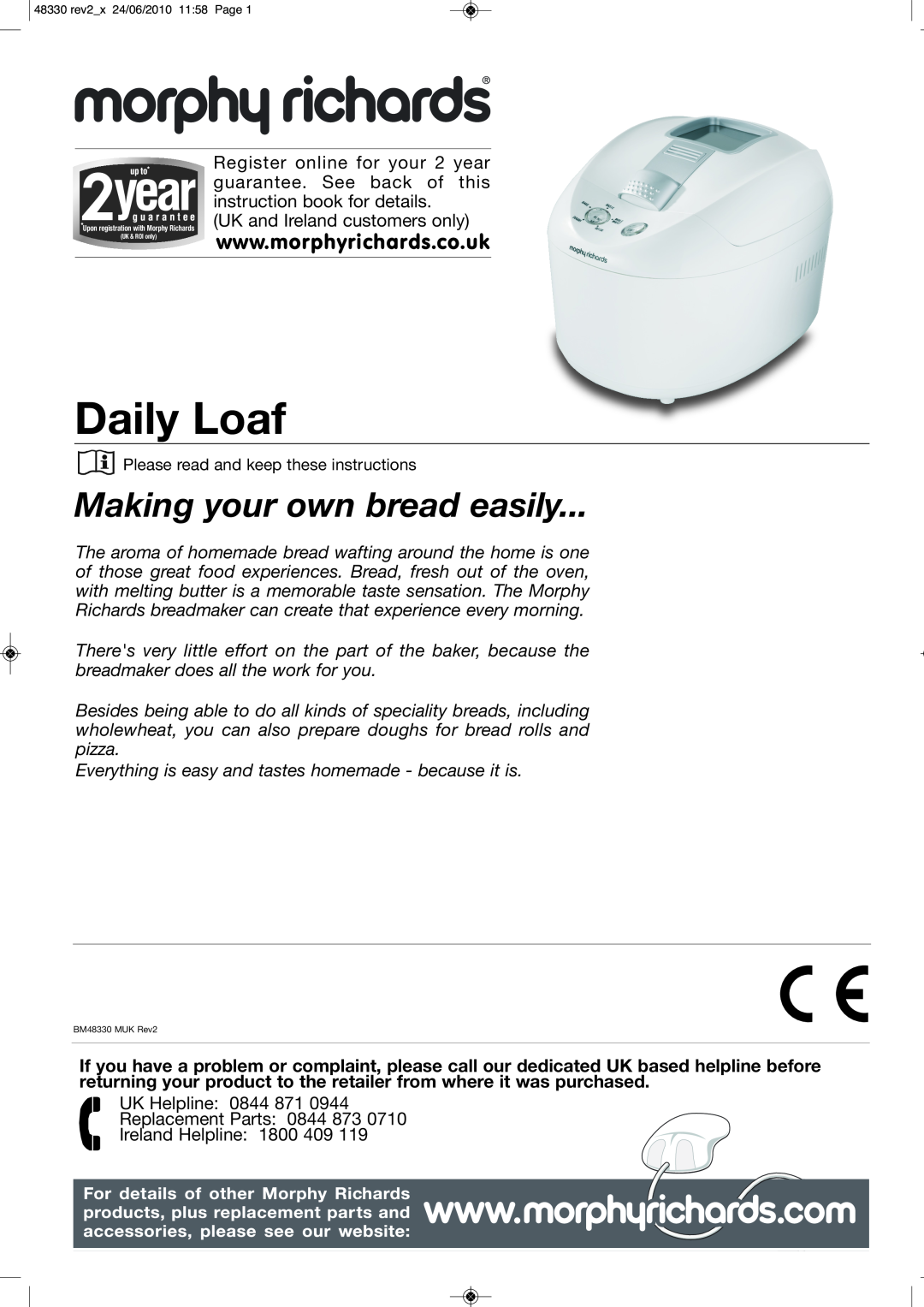 Morphy Richards BM48330 manual Daily Loaf, Making your own bread easily 