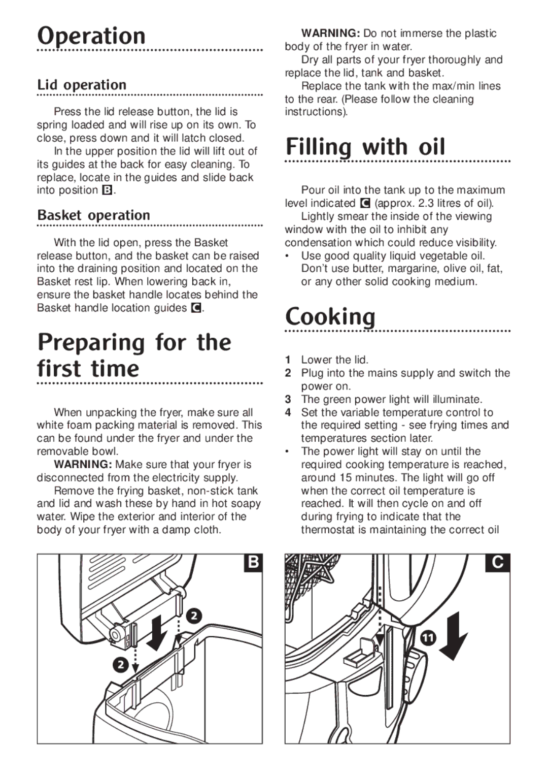 Morphy Richards bowl fryer manual Operation, Preparing for the first time, Filling with oil, Cooking 