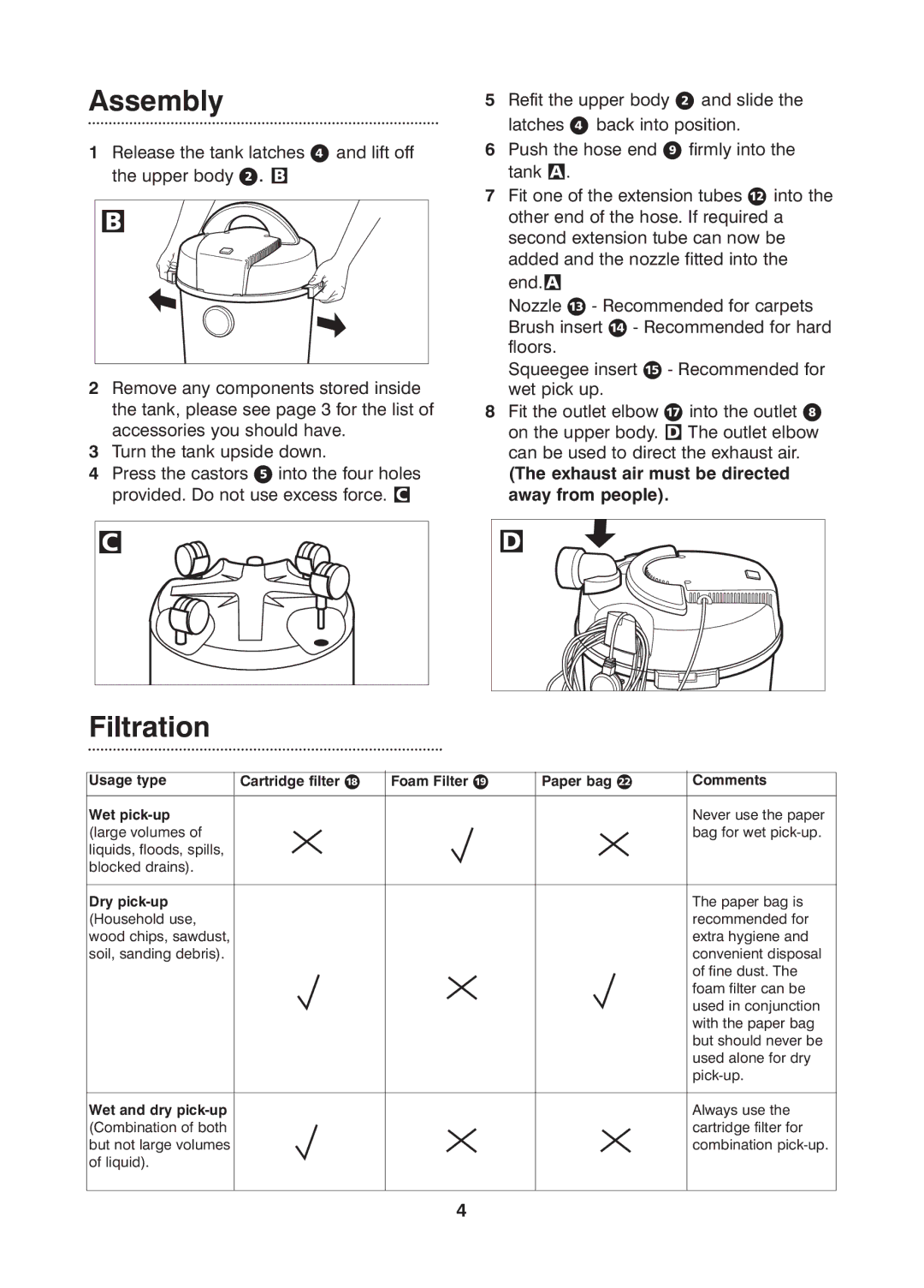 Morphy Richards Boxer wet & dry vacuum cleaner manual Assembly, Filtration, Exhaust air must be directed away from people 