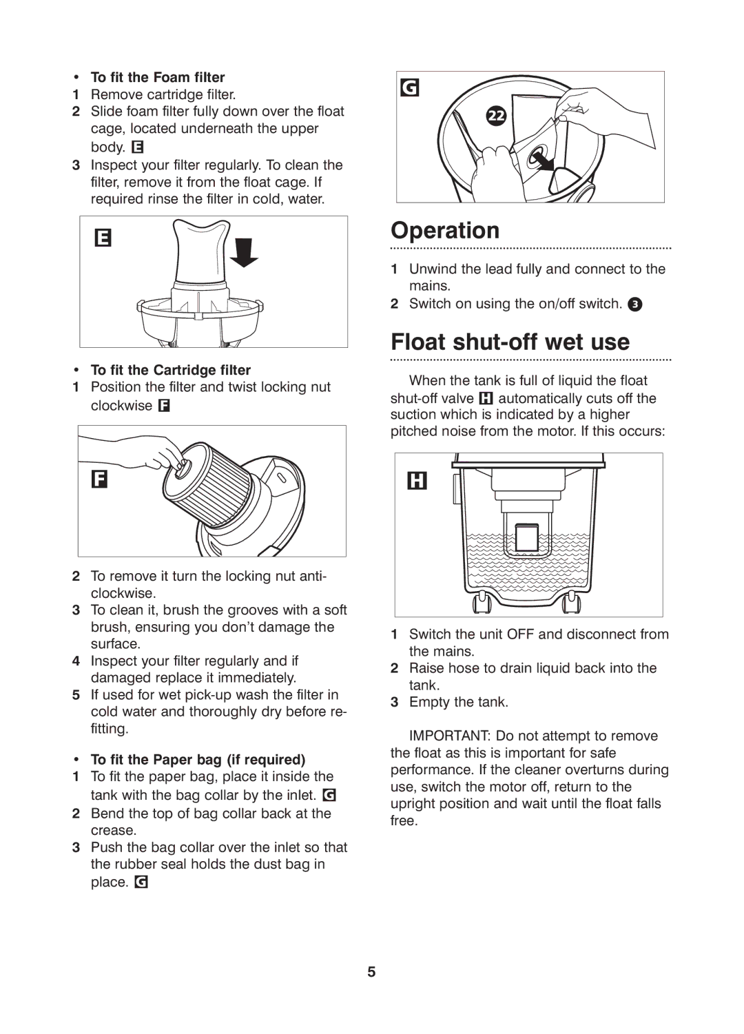 Morphy Richards Boxer wet & dry vacuum cleaner manual Operation, Float shut-off wet use, To fit the Foam filter 