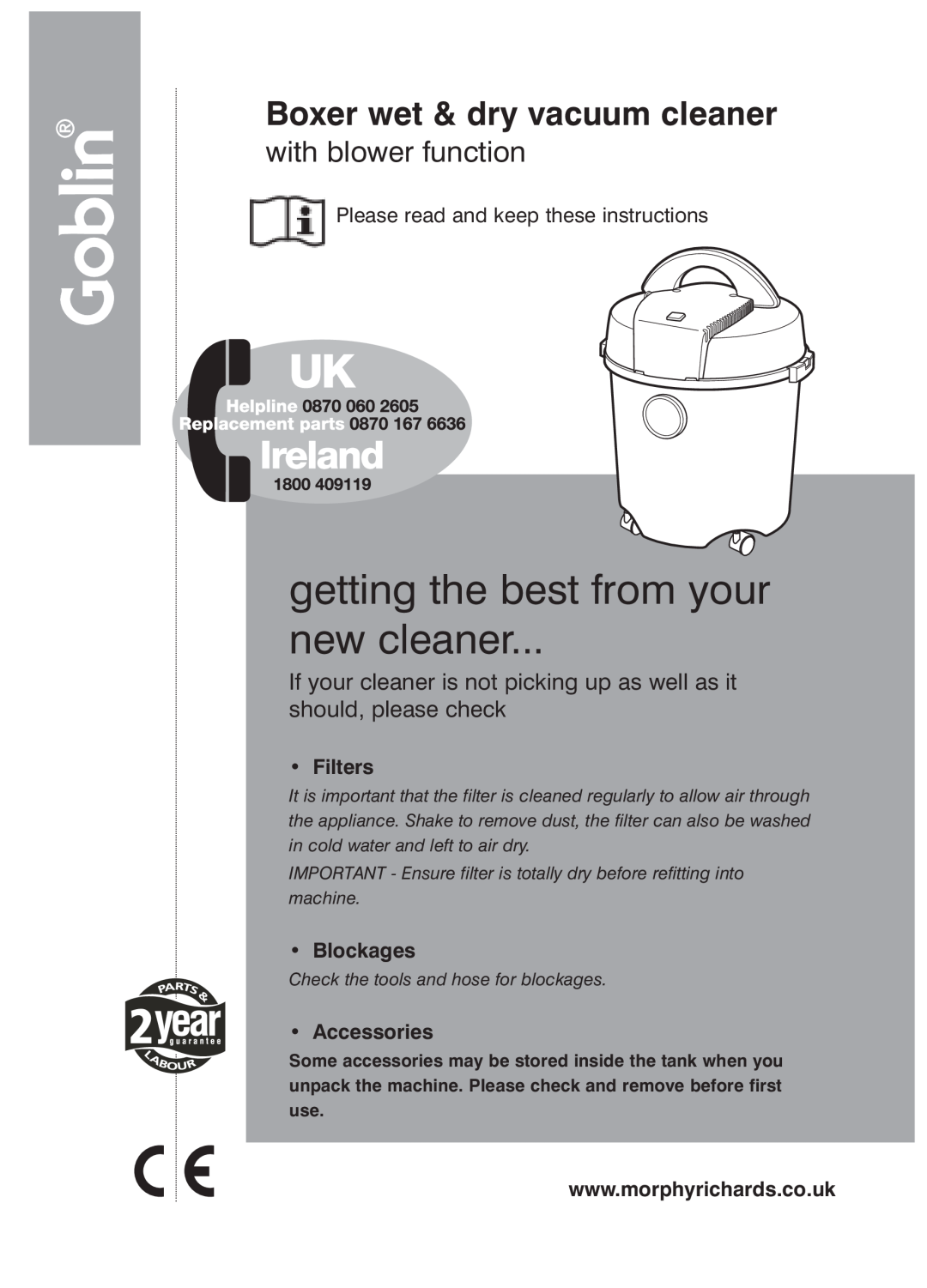 Morphy Richards Boxer wet & dry vacuum cleaner manual getting the best from your new cleaner, with blower function 