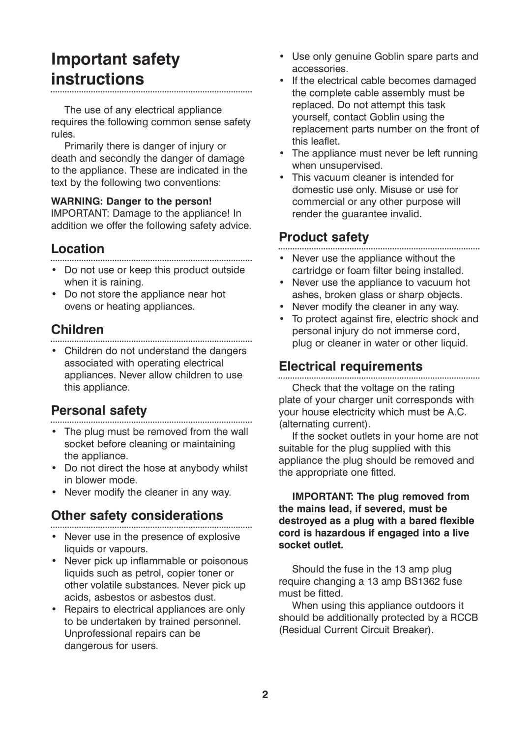 Morphy Richards Boxer wet & dry vacuum cleaner manual Important safety instructions, WARNING Danger to the person, Location 