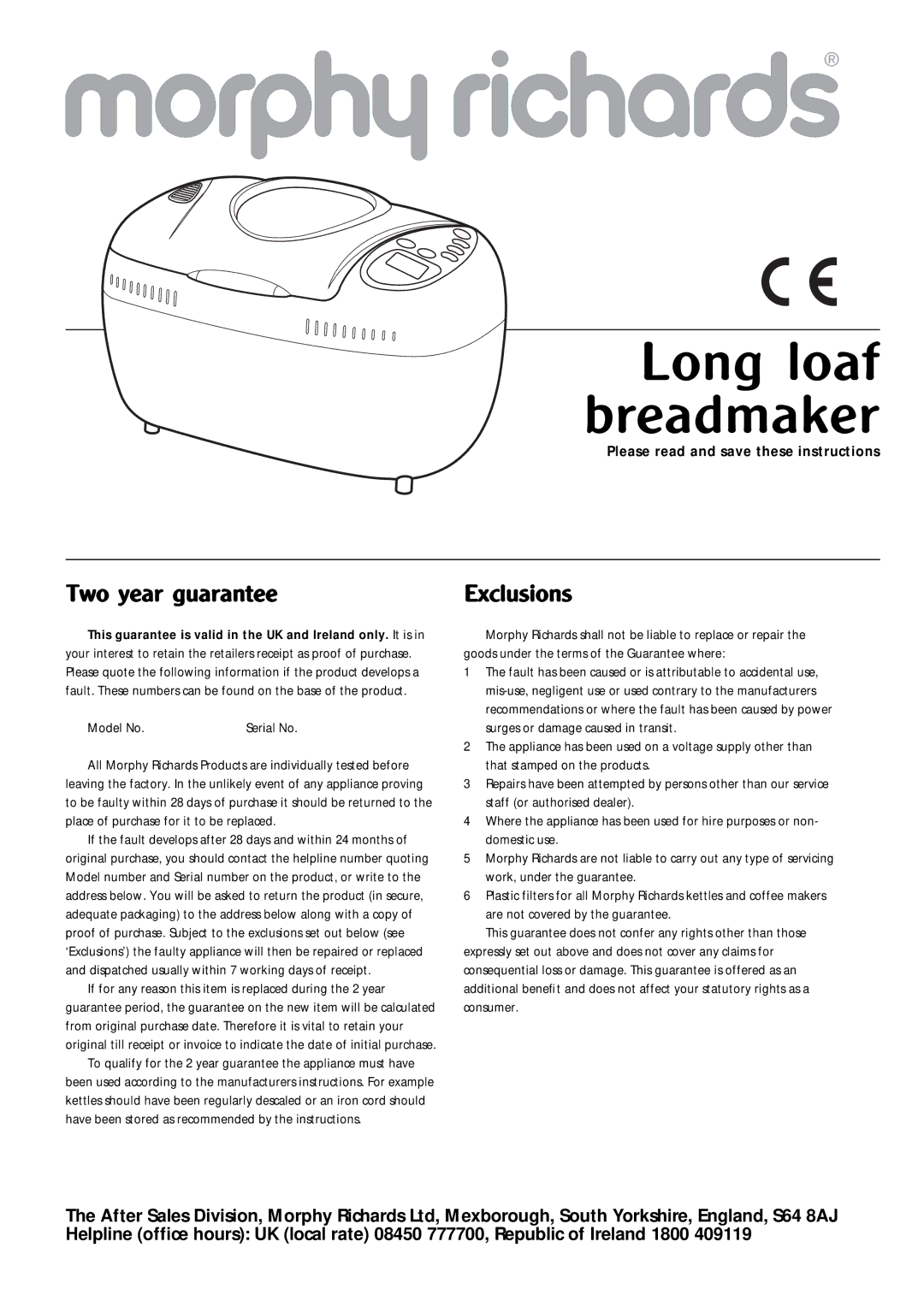 Morphy Richards Bread Maker manual Long loaf breadmaker 