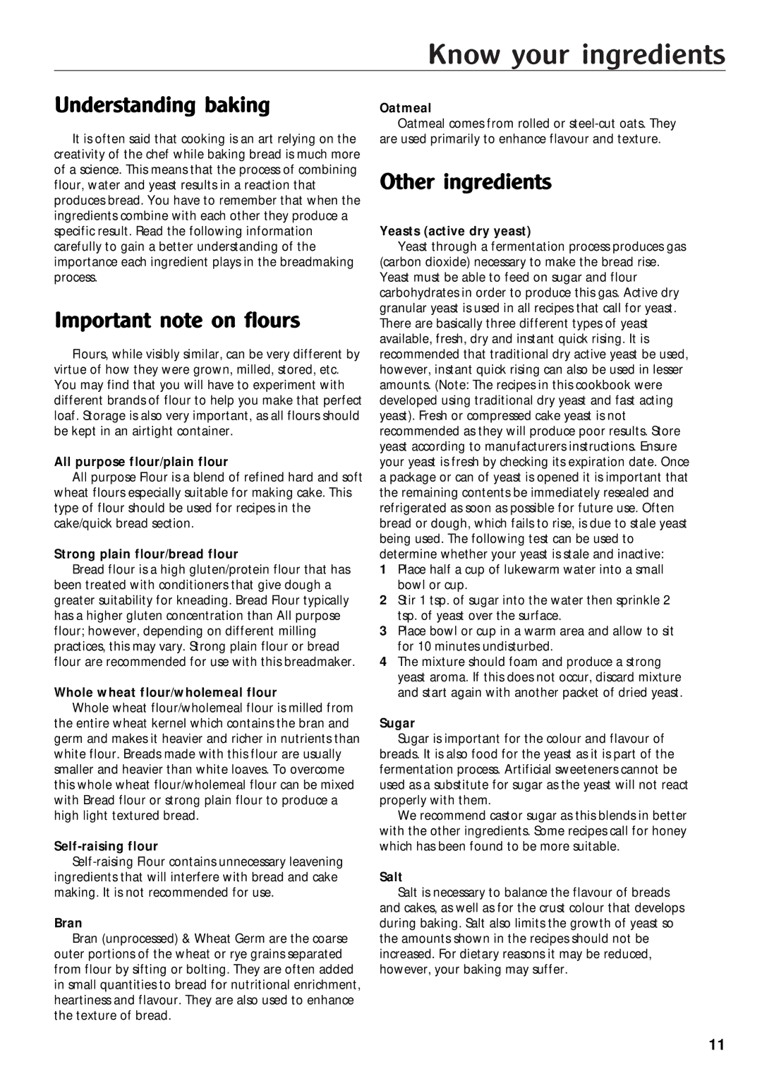 Morphy Richards Bread Maker manual Know your ingredients, Understanding baking, Important note on flours, Other ingredients 