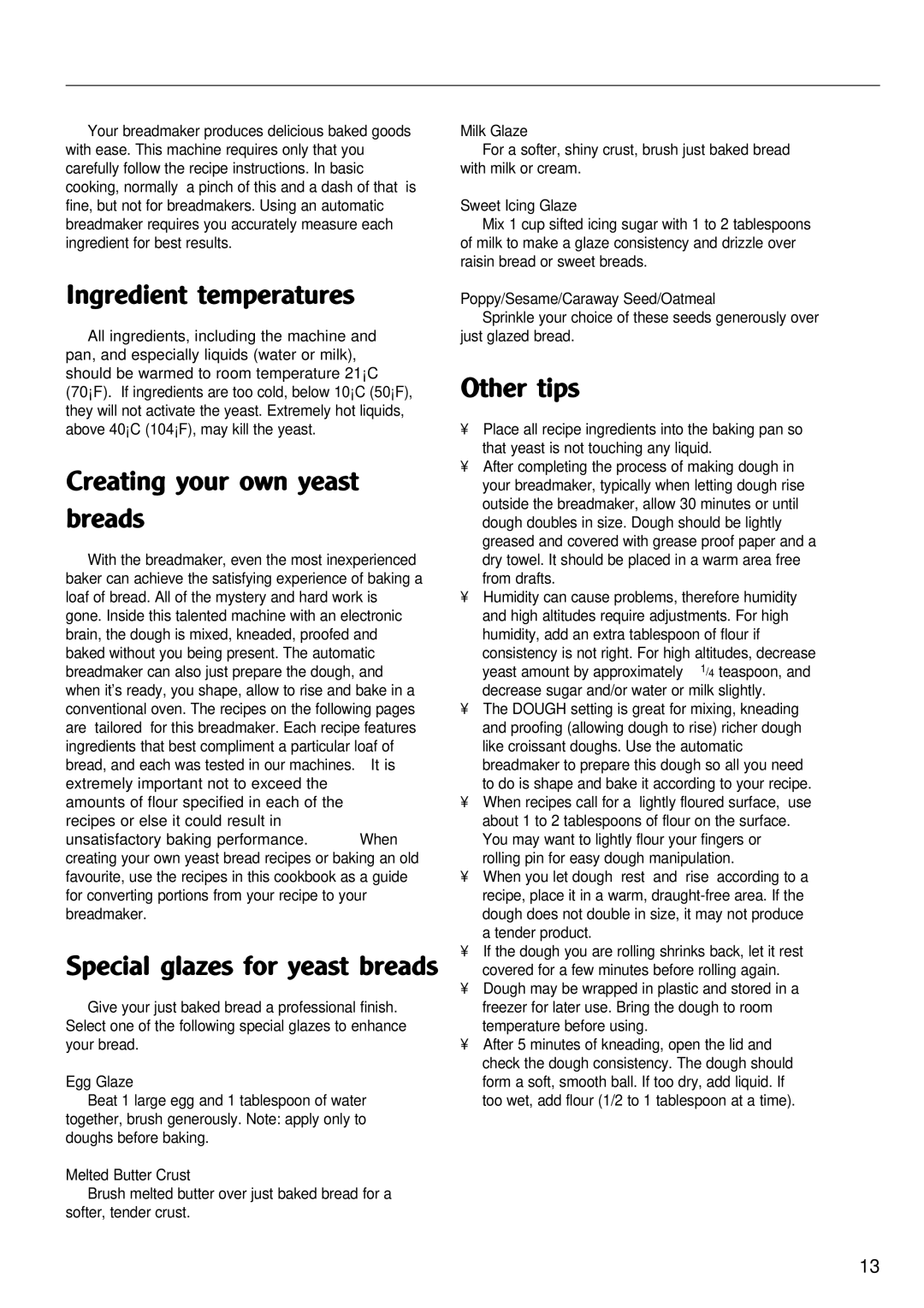 Morphy Richards Bread Maker manual Ingredient temperatures, Creating your own yeast breads, Special glazes for yeast breads 