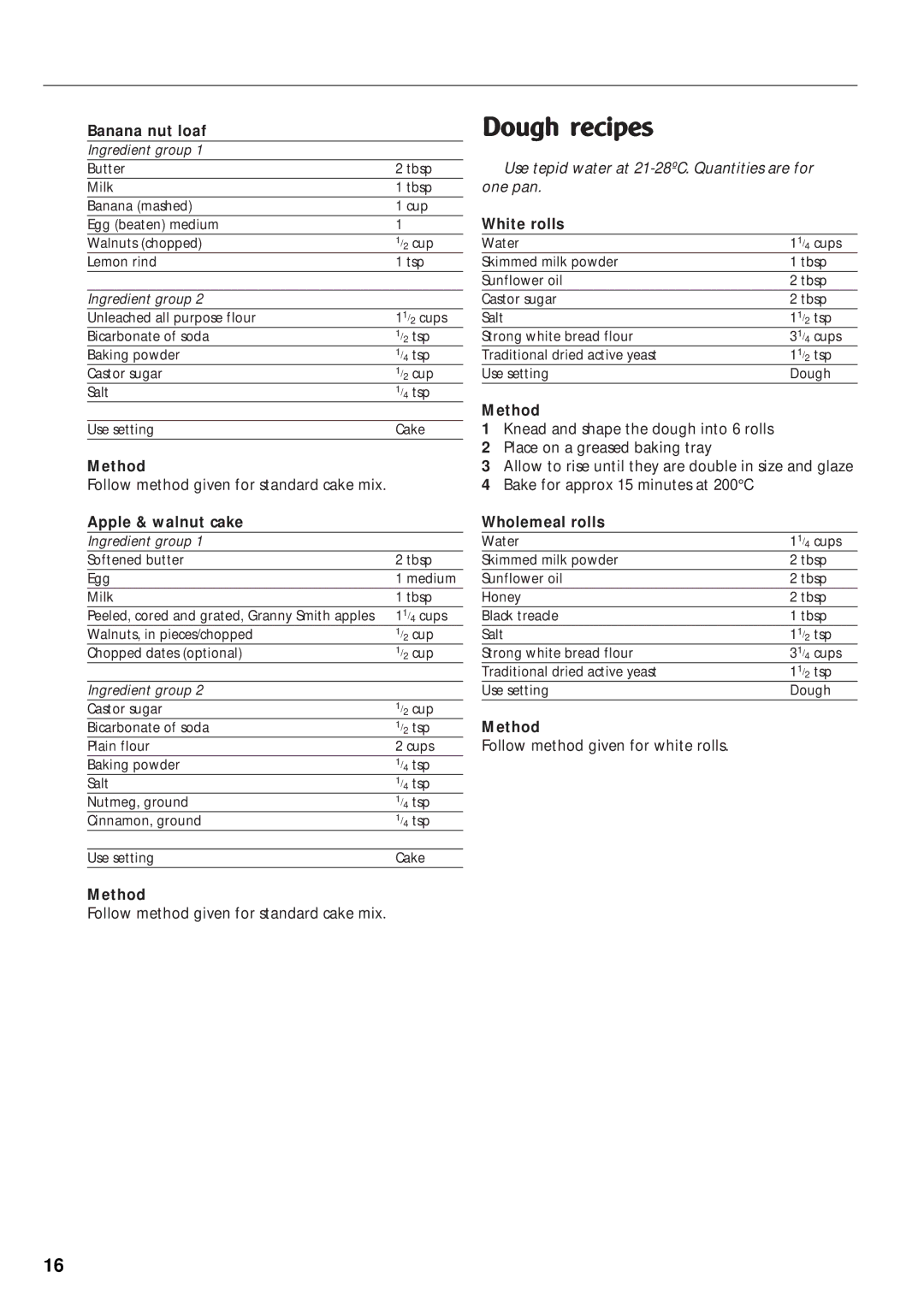 Morphy Richards Bread Maker manual Dough recipes, Banana nut loaf, Apple & walnut cake, White rolls, Wholemeal rolls 