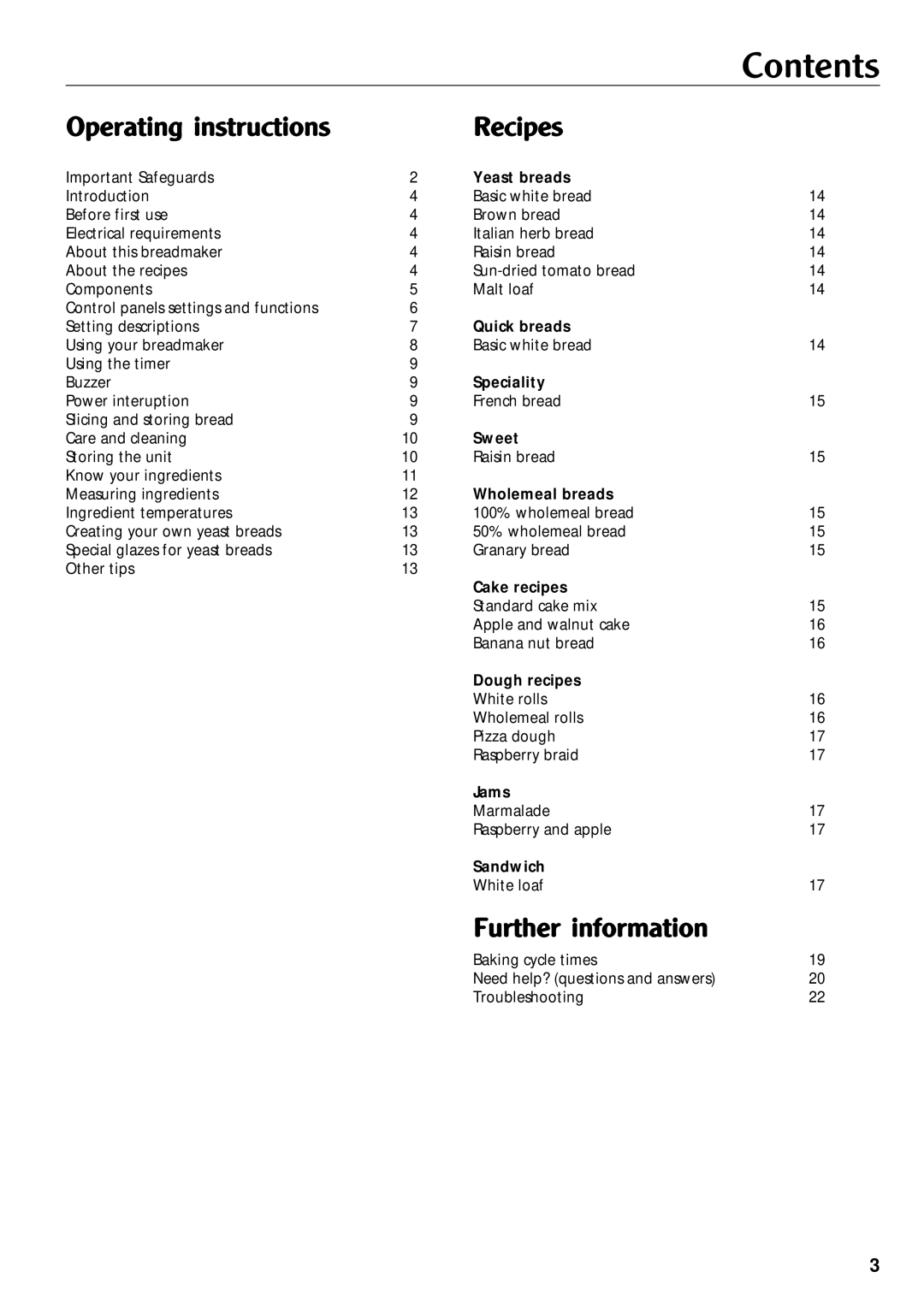 Morphy Richards Bread Maker manual Contents 