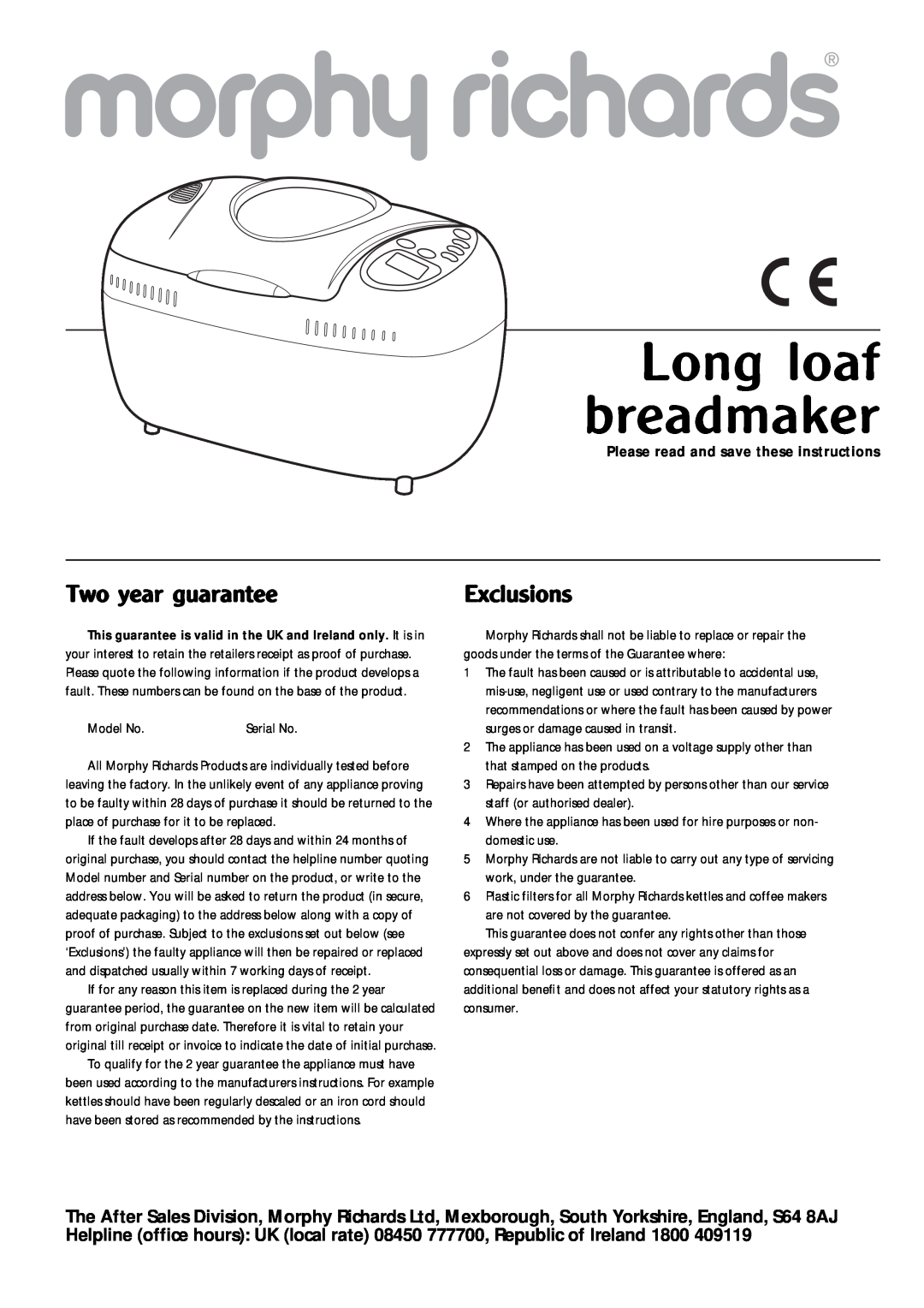 Morphy Richards Bread Maker manual Long loaf breadmaker, Two year guarantee, Please read and save these instructions 