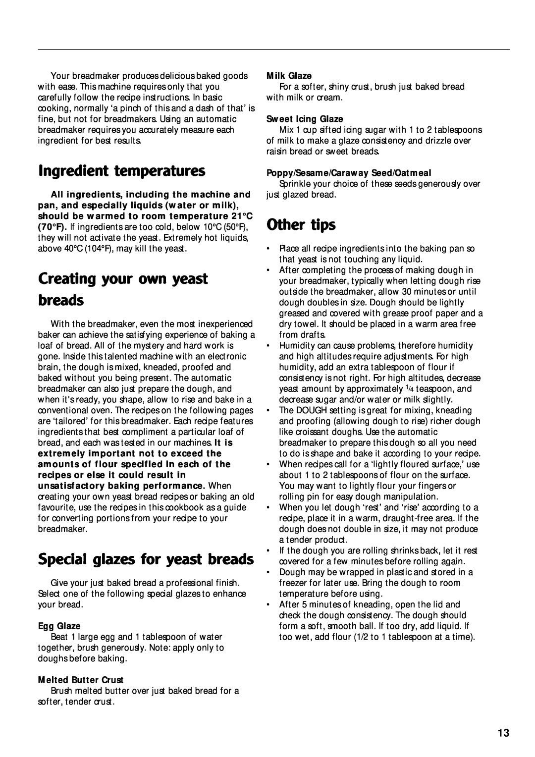 Morphy Richards Bread Maker manual Ingredient temperatures, Creating your own yeast breads, Special glazes for yeast breads 