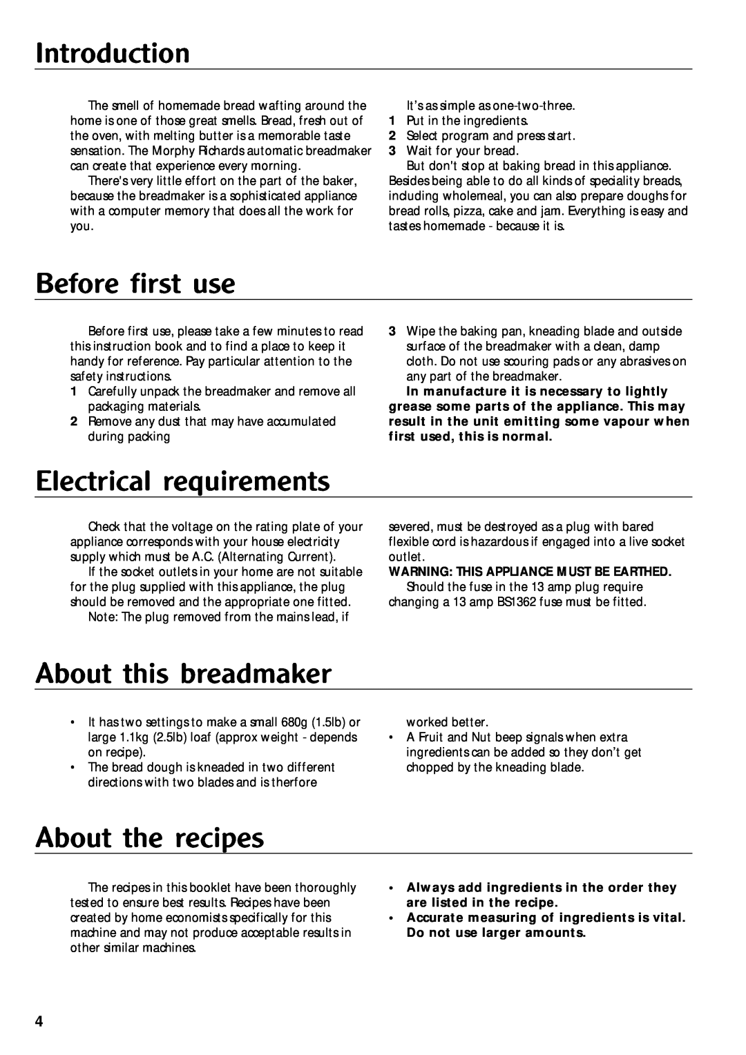 Morphy Richards Bread Maker manual Introduction, Before first use, Electrical requirements, About this breadmaker 