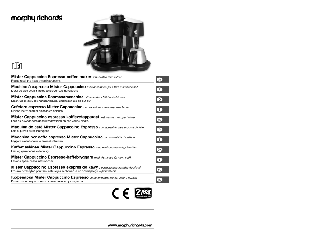 Morphy Richards Cappuccino Espresso coffee maker manual Please read and keep these instructions 