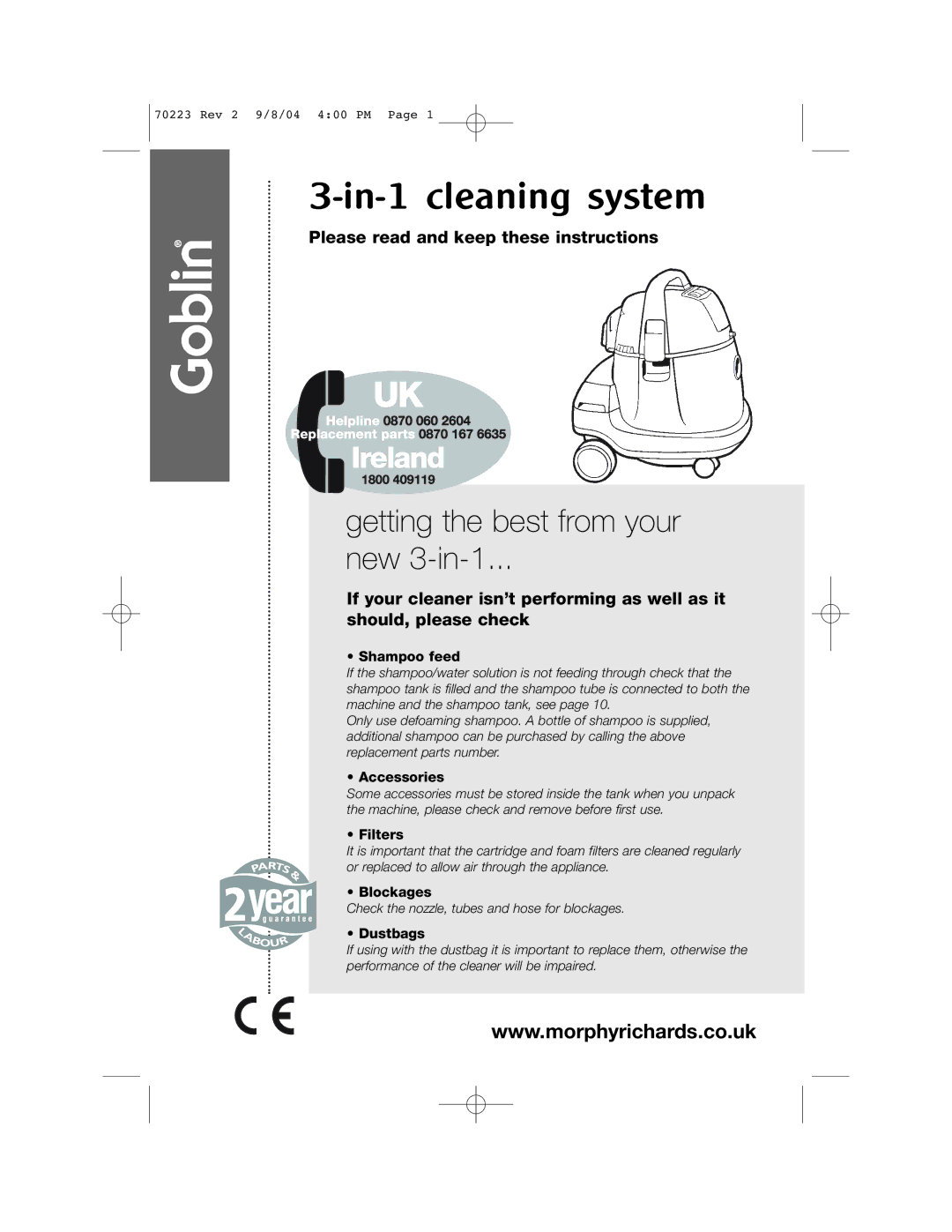 Morphy Richards Carpet Cleaner manual In-1 cleaning system 