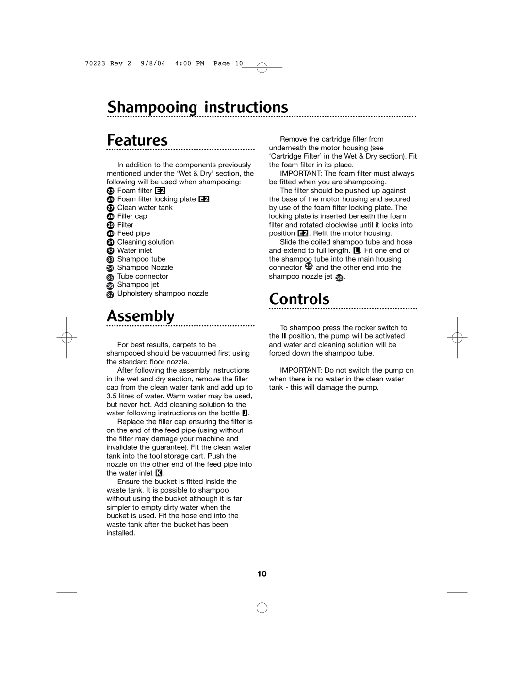 Morphy Richards Carpet Cleaner manual Shampooing instructions Features, Controls 