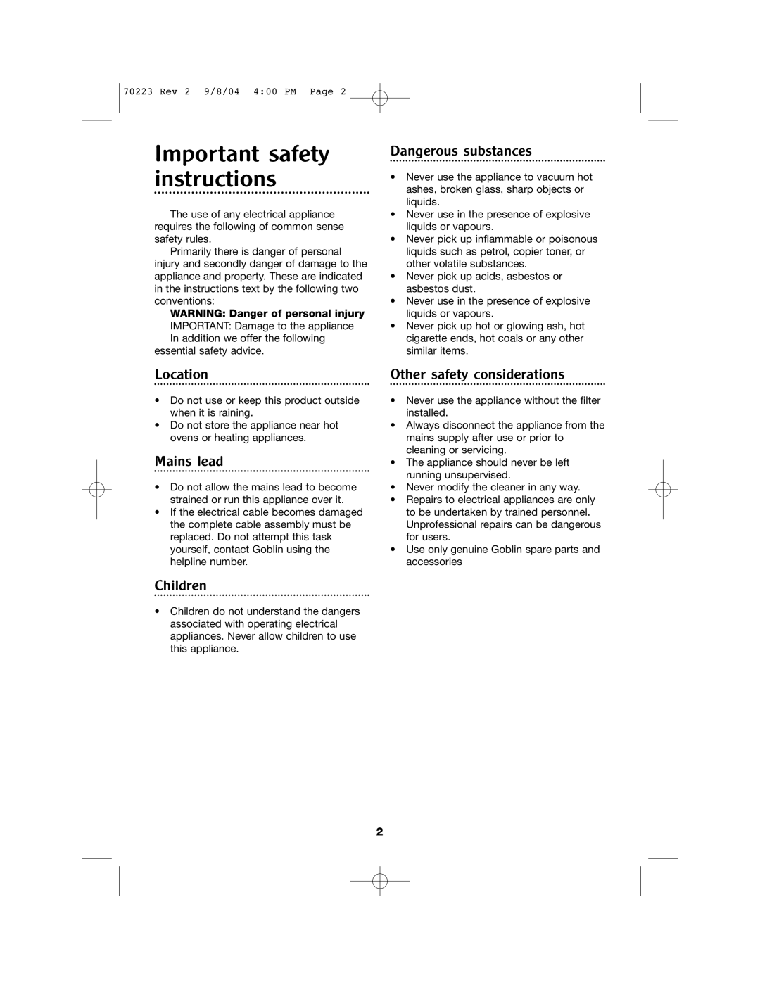 Morphy Richards Carpet Cleaner manual Important safety instructions, Location 