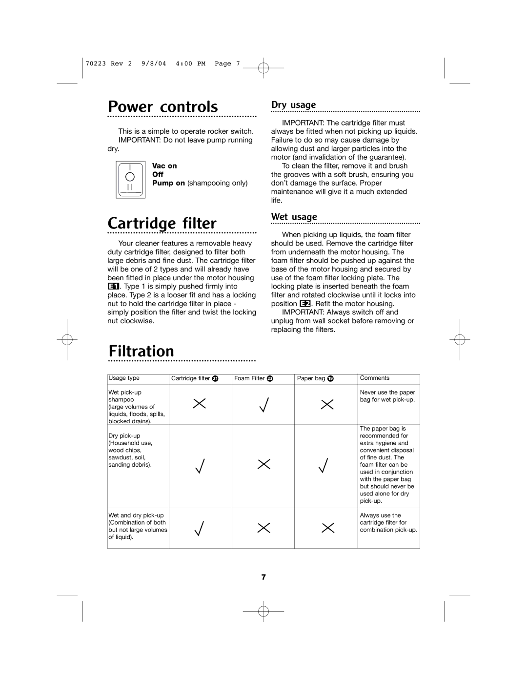 Morphy Richards Carpet Cleaner manual Power controls, Cartridge filter, Filtration 