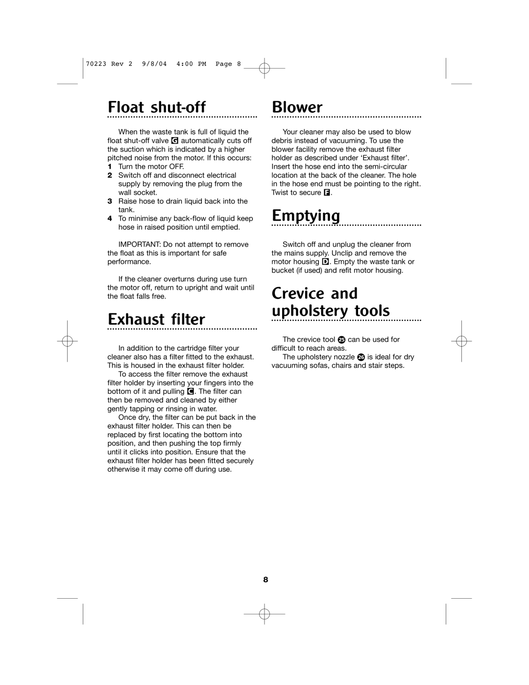 Morphy Richards Carpet Cleaner manual Float shut-off, Exhaust filter, Emptying, Crevice and upholstery tools 