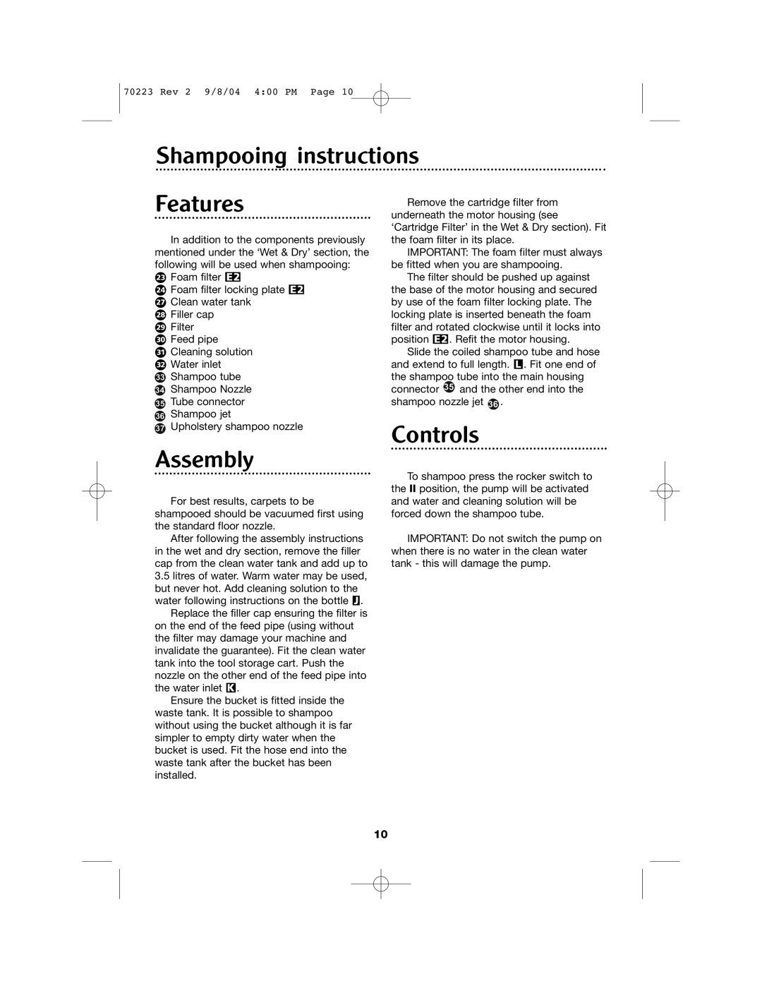 Morphy Richards Carpet Cleaner manual Shampooing instructions, Controls, Features, Assembly 