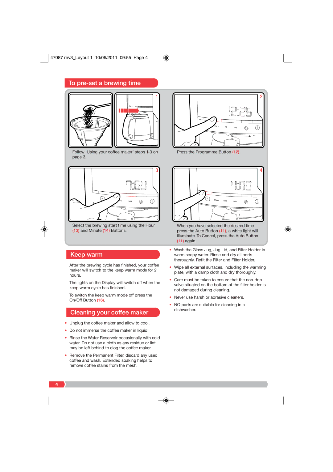 Morphy Richards CM47087 MUK Rev 3 manual To pre-set a brewing time, Keep warm, Cleaning your coffee maker 