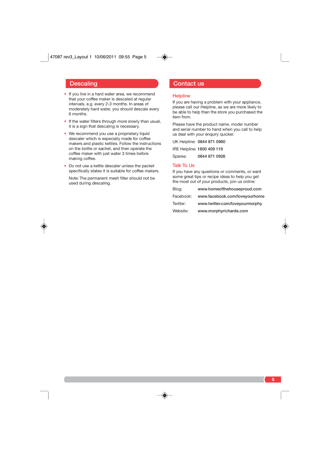 Morphy Richards CM47087 MUK Rev 3 manual Descaling, Contact us 