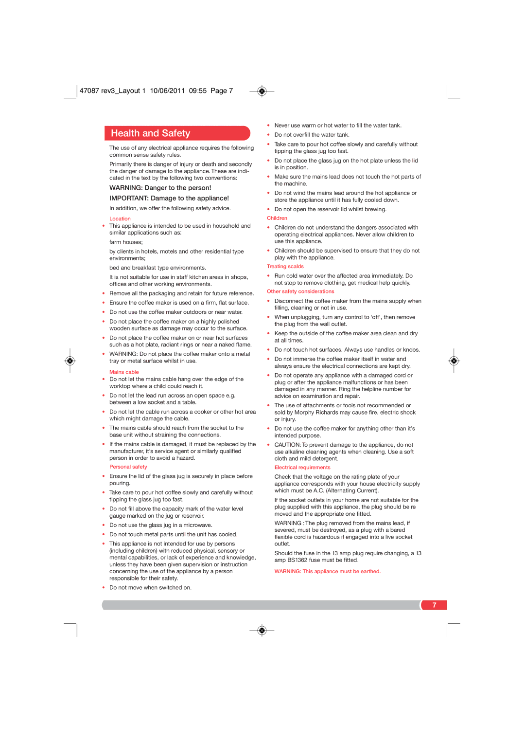 Morphy Richards CM47087 MUK Rev 3 manual Health and Safety, Important Damage to the appliance 