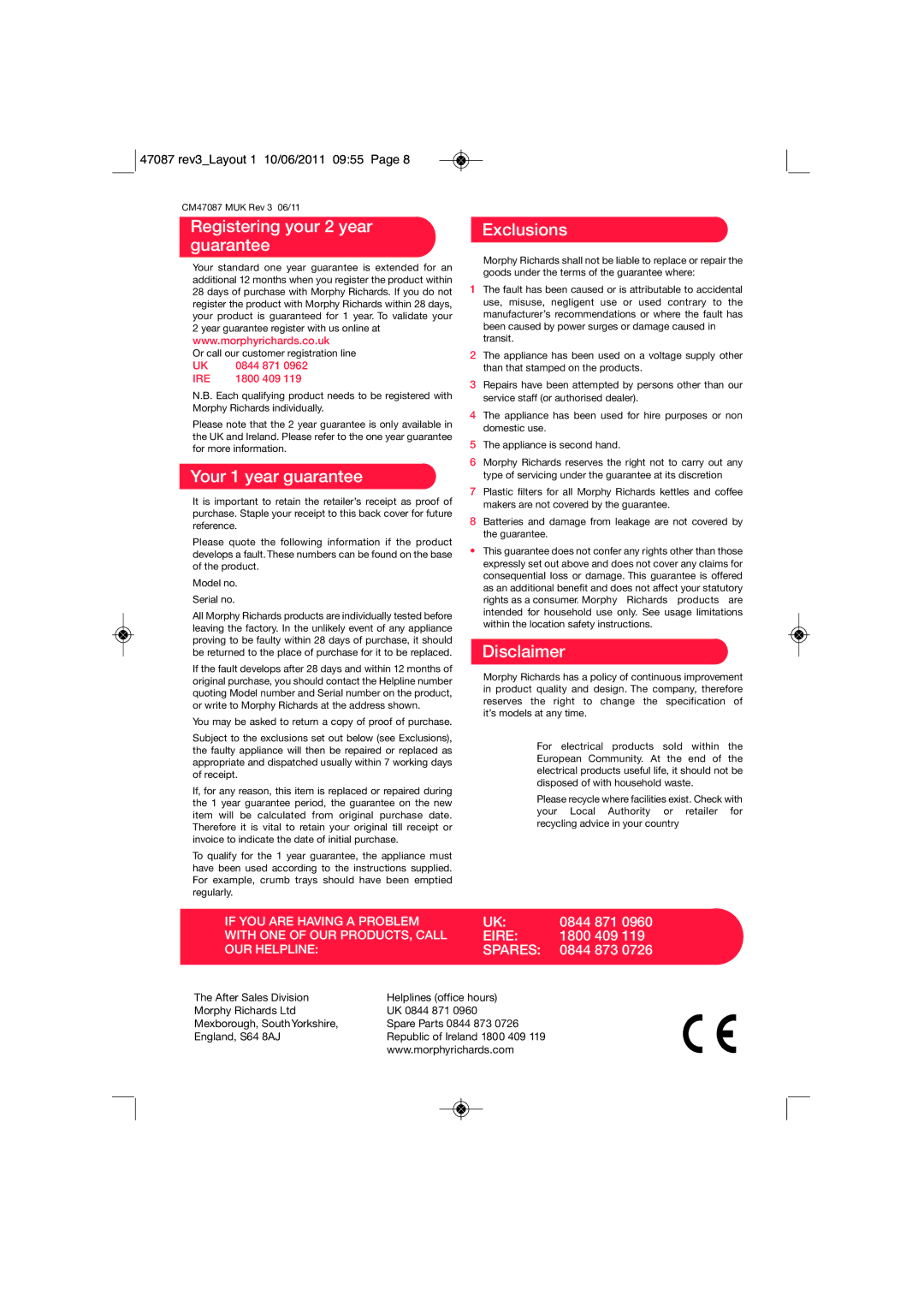 Morphy Richards CM47087 MUK Rev 3 manual Registering your 2 year guarantee, Your 1 year guarantee, Exclusions, Disclaimer 