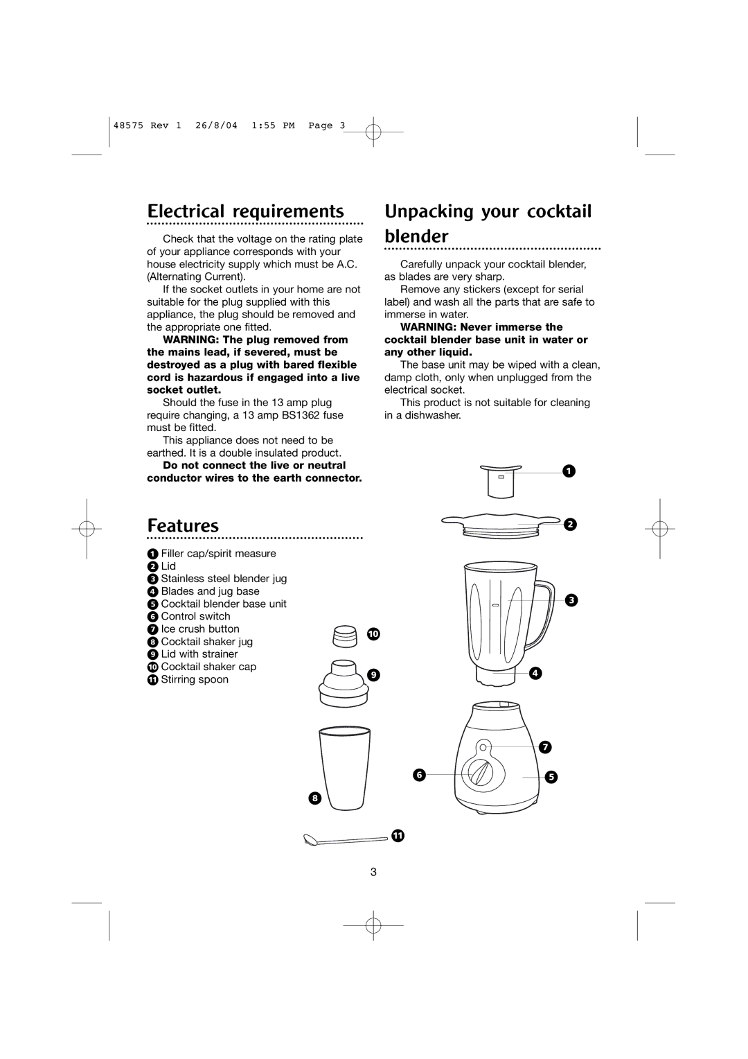 Morphy Richards Cocktail blender manual Electrical requirements, Features Unpacking your cocktail blender 