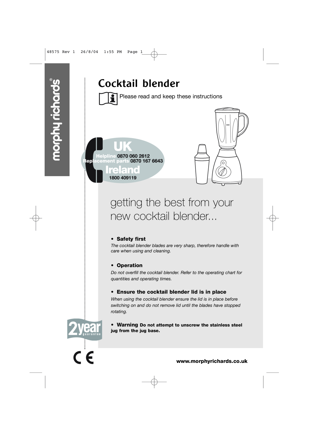 Morphy Richards Cocktail blender manual Please read and keep these instructions, Safety first, Operation 
