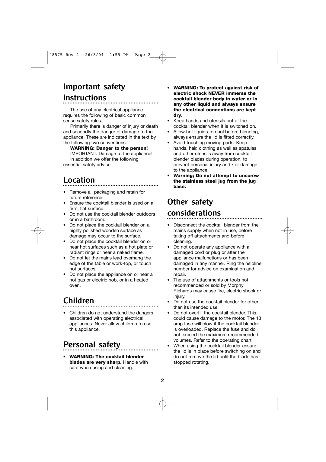 Morphy Richards Cocktail blender manual Important safety instructions, Location, Children, Personal safety 