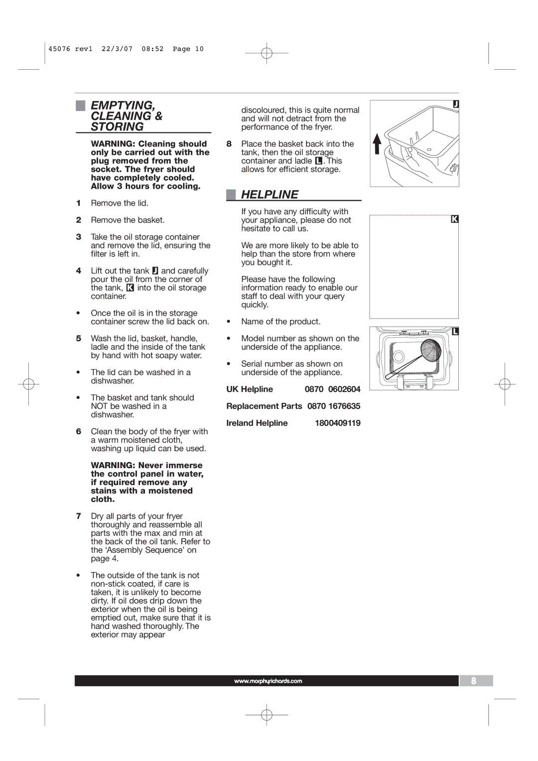 Morphy Richards Coffeemaker manual Emptying Cleaning Storing, Helpline 