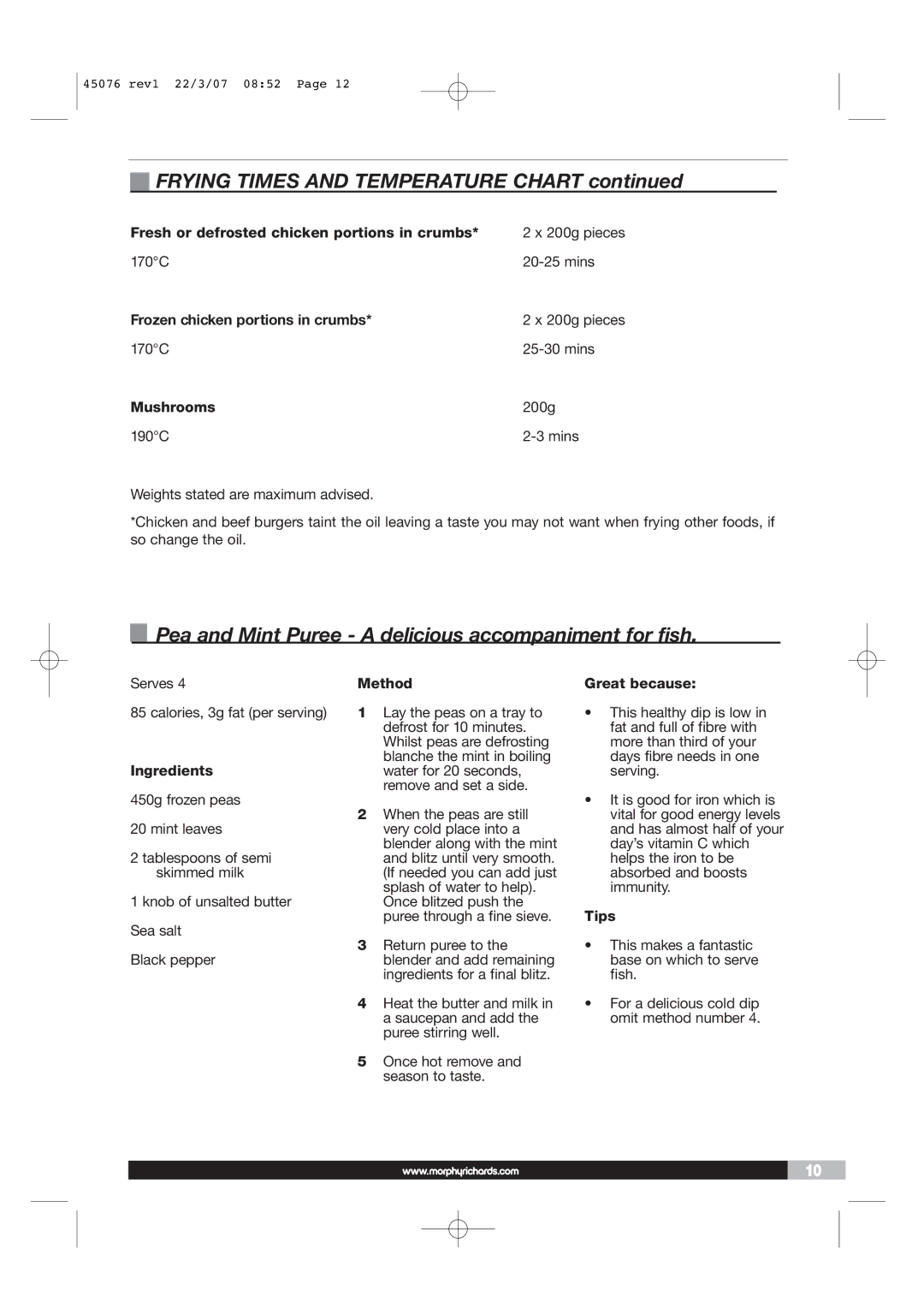 Morphy Richards Coffeemaker Frying Times and Temperature Chart, Pea and Mint Puree a delicious accompaniment for fish 