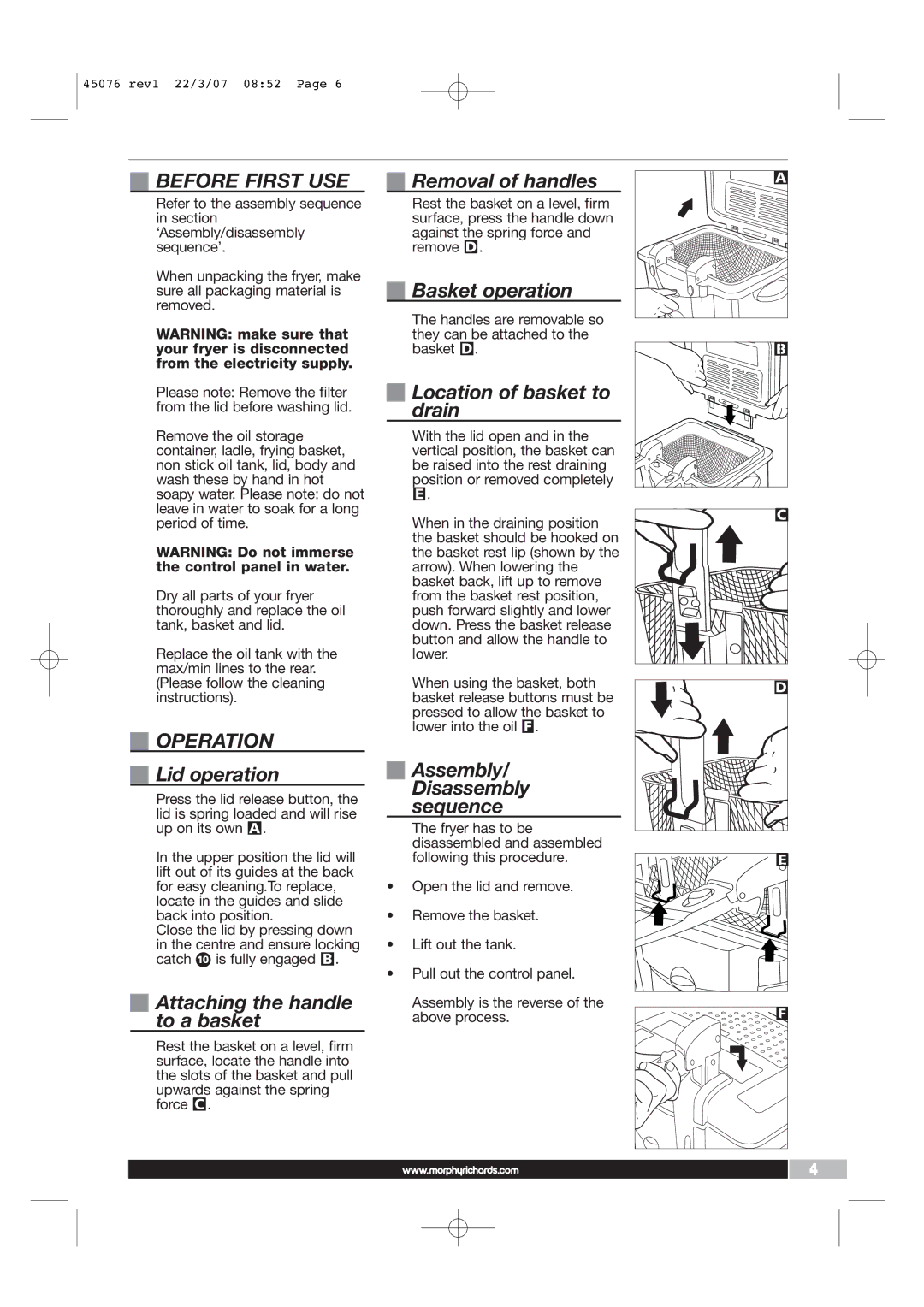 Morphy Richards Coffeemaker manual Before First USE, Operation 