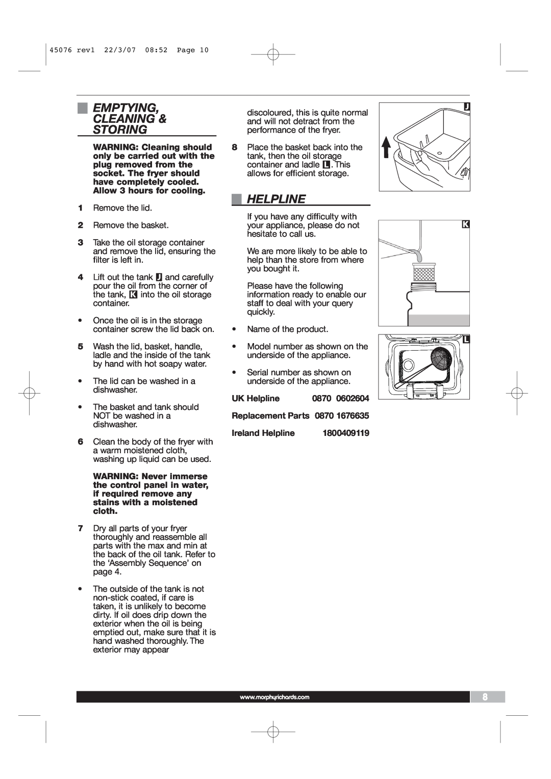 Morphy Richards Coffeemaker manual Emptying Cleaning & Storing, UK Helpline, 0870, Replacement Parts, Ireland Helpline 