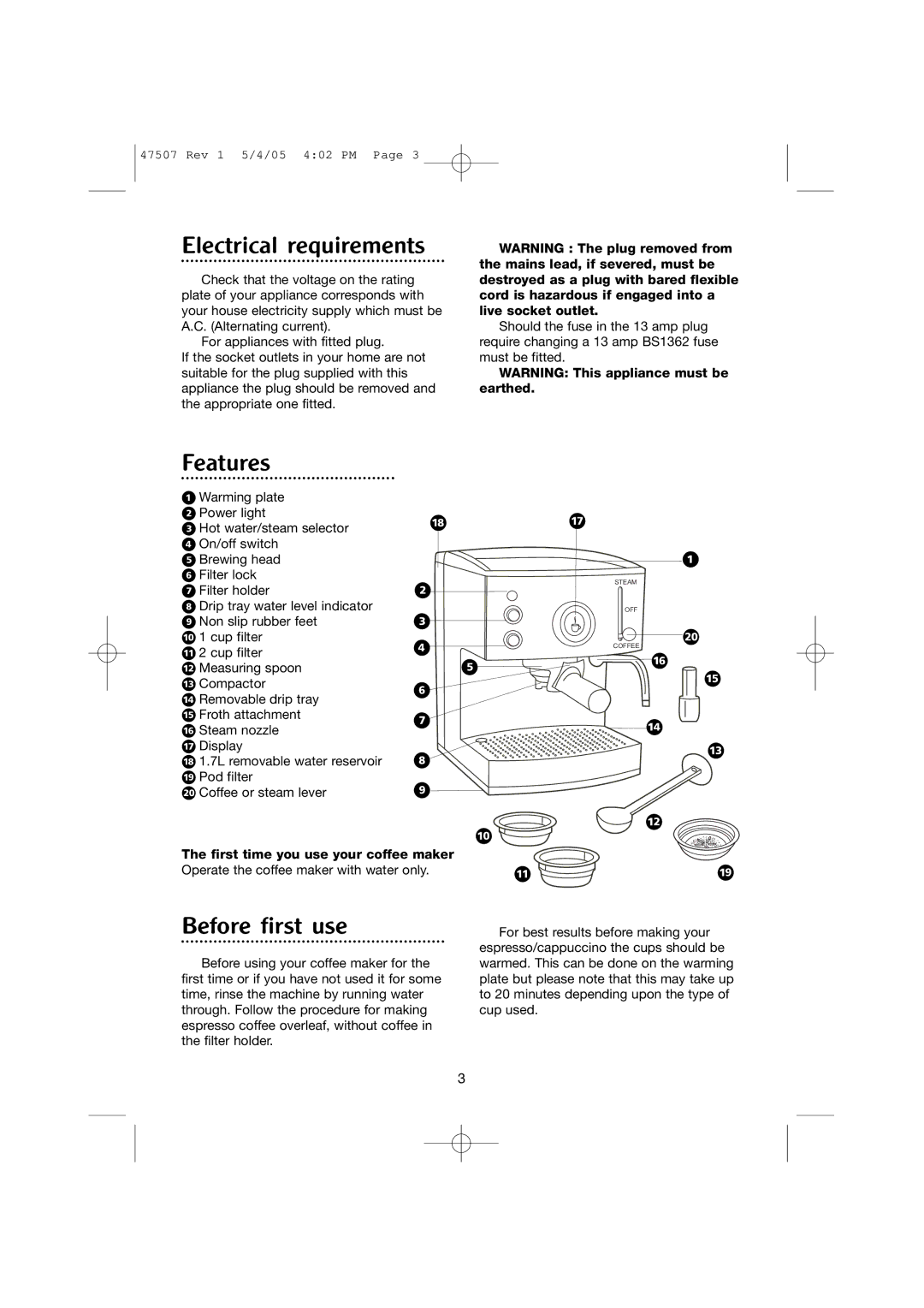 Morphy Richards CoffeMaker manual Electrical requirements 