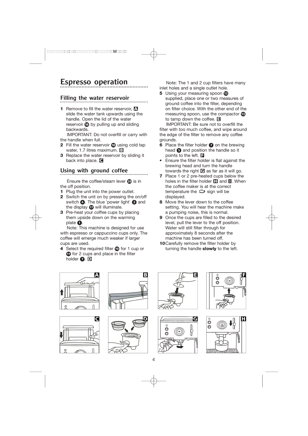 Morphy Richards CoffeMaker manual Espresso operation, Filling the water reservoir, Using with ground coffee 